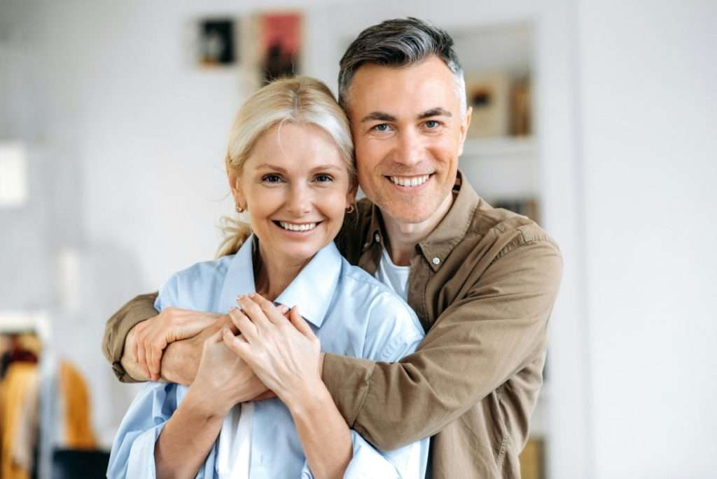 close up portrait of lovely caucasian marriage couple happy husband and wife dressed in casual